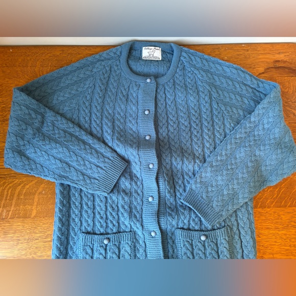 vintage Sweaters - Vintage College Point Medium Cardigan Blue Crewneck Cable Knit Acrylic Classic